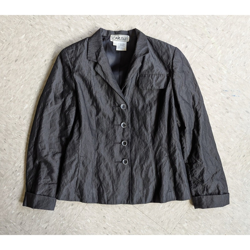 Carlisle Vintage 90s‎ Crinkle Texture Metallic Blazer Jacket Black Gray Size 10 - Picture 3 of 11